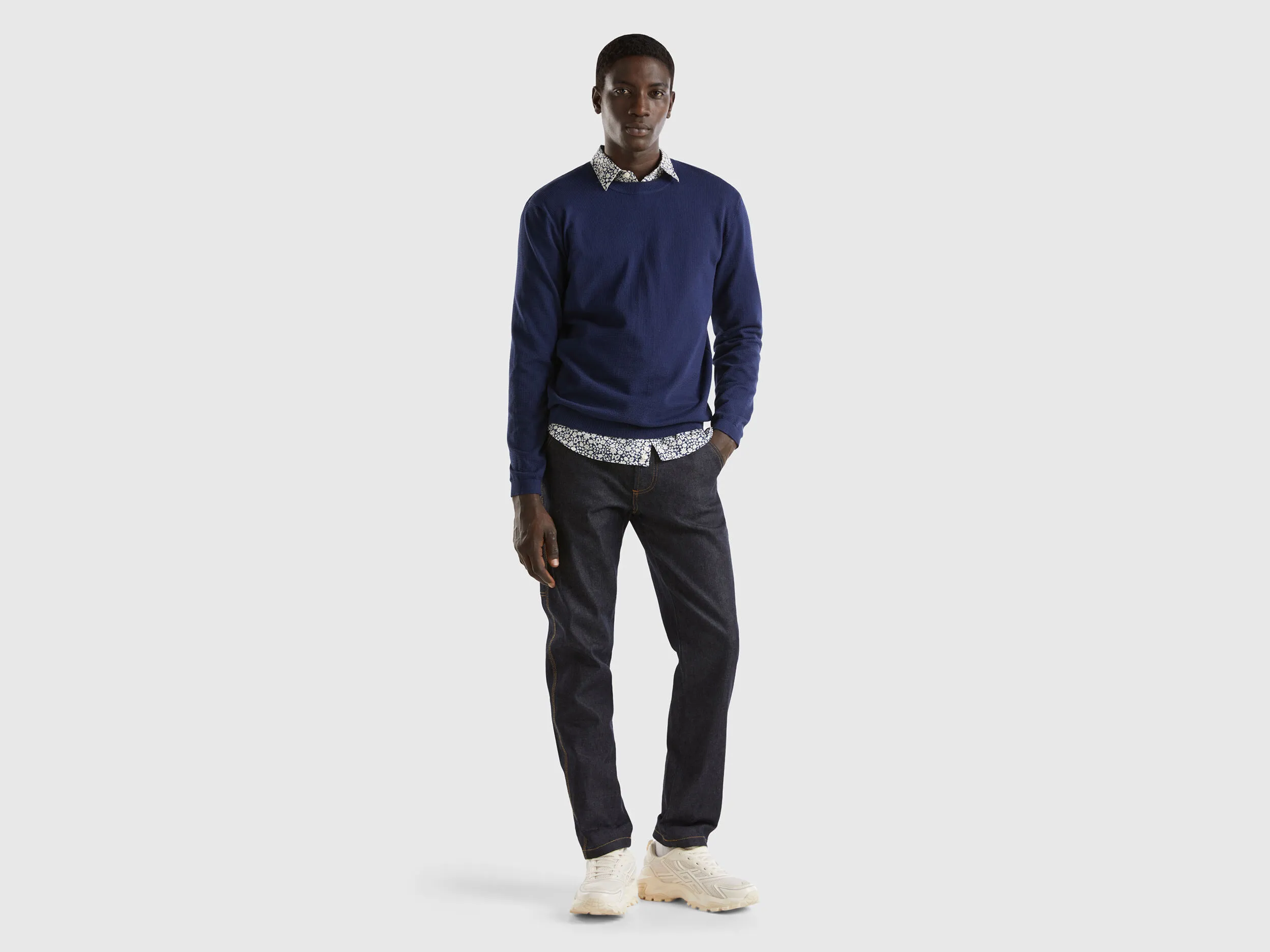 100% cotton crew neck sweater - Dark Blue | Benetton