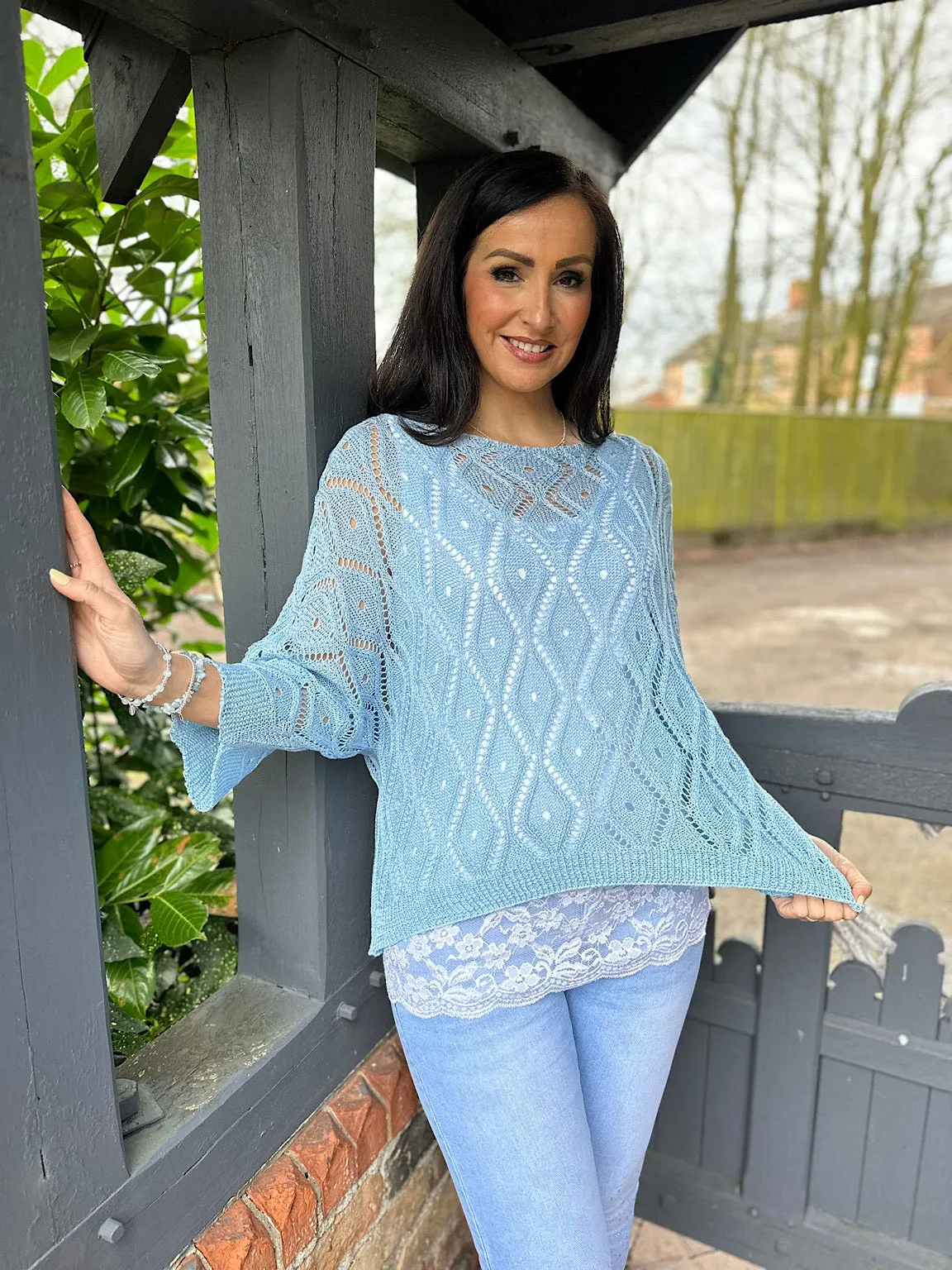 Blue Crochet Patterned Batwing Knit Dolly