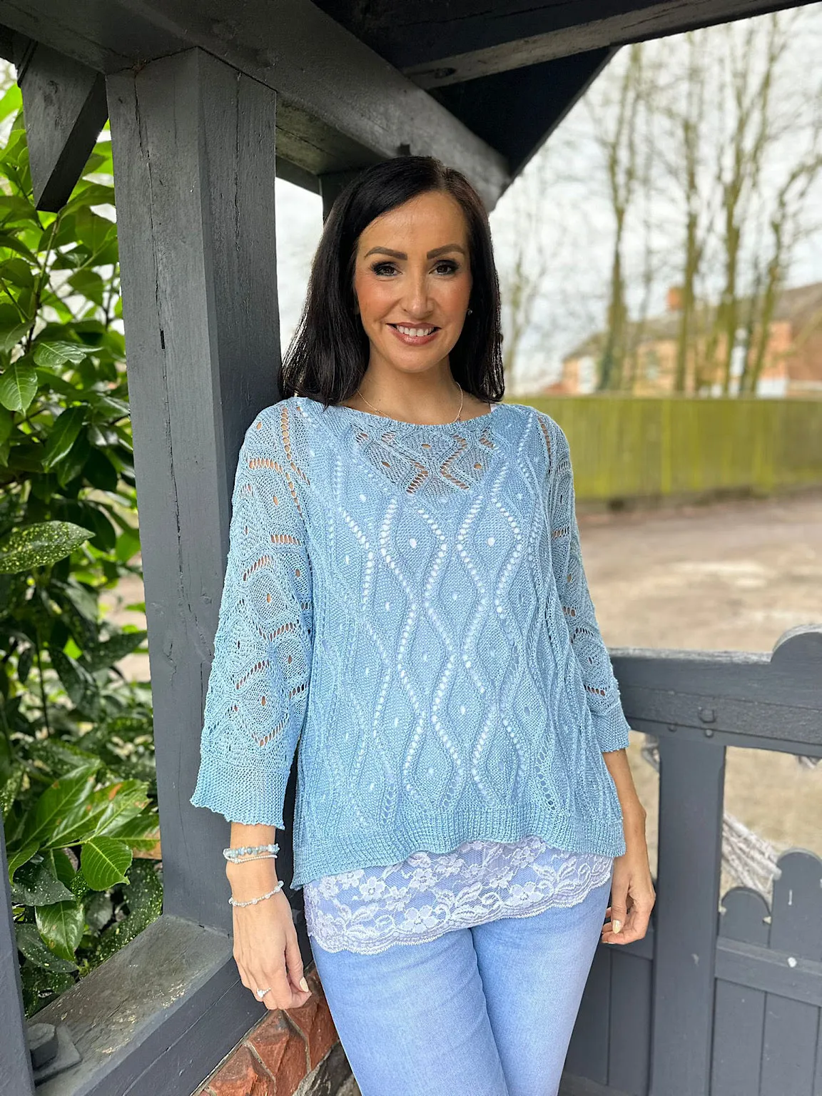 Blue Crochet Patterned Batwing Knit Dolly