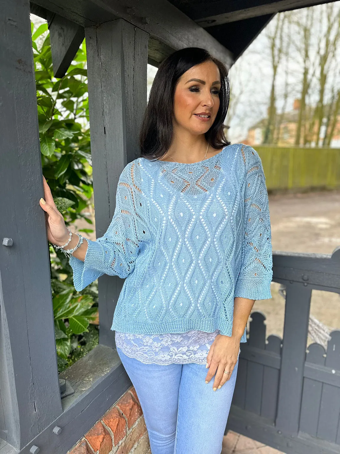 Blue Crochet Patterned Batwing Knit Dolly