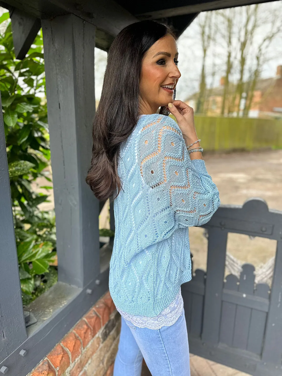 Blue Crochet Patterned Batwing Knit Dolly