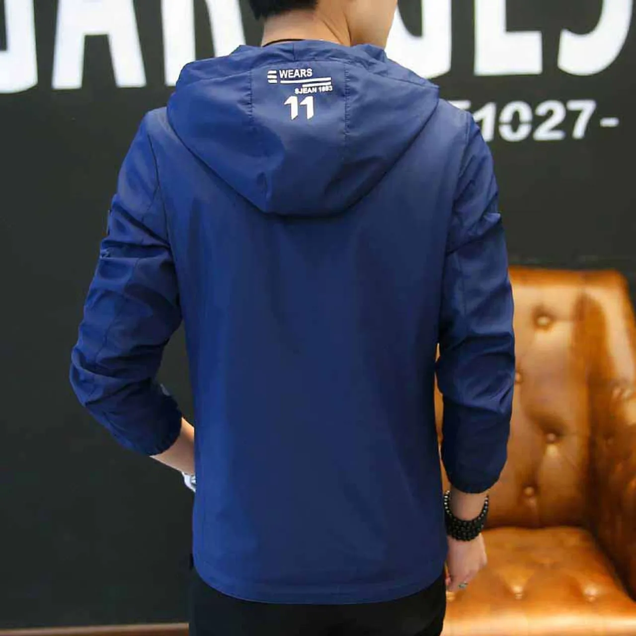 Blue pattern print long sleeve zip jacket hoodies