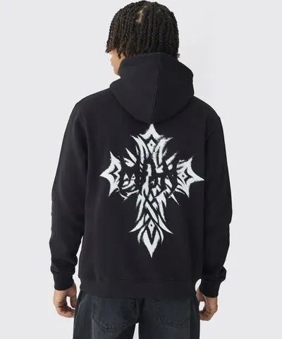 boohoo Mens Gothic Worldwide Cross Print Hoodie