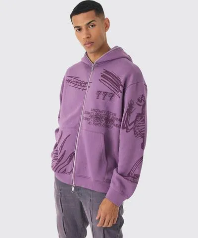 boohoo Mens Oversized Aop Doodle Zip Through Hoodie