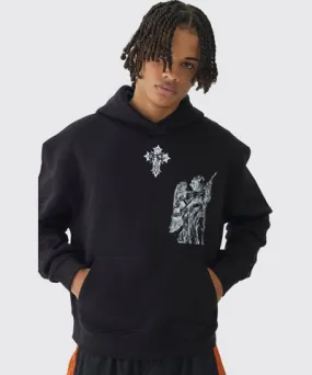 boohoo Mens Oversized Boxy Gothic Angel Print Hoodie