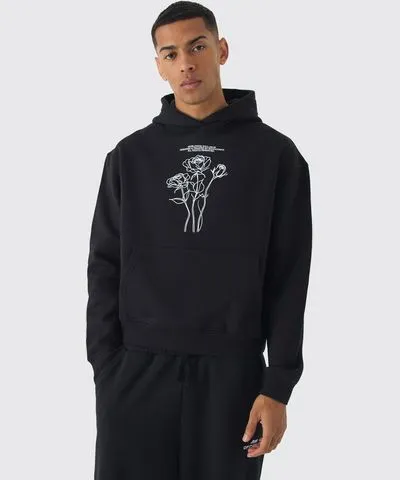 boohoo Mens Oversized Boxy Line Floral Print Hoodie