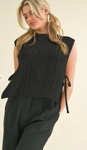 Cable Knit Side Tie Sweater Vest- Black