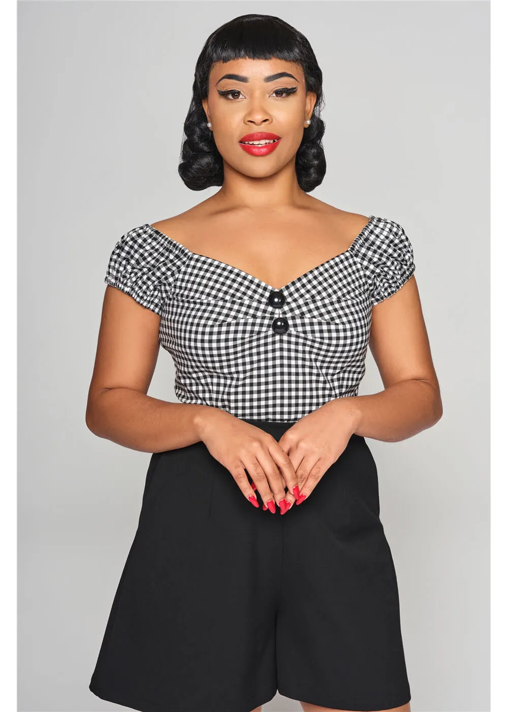 Collectif Dolores Gingham 50's Top Black White