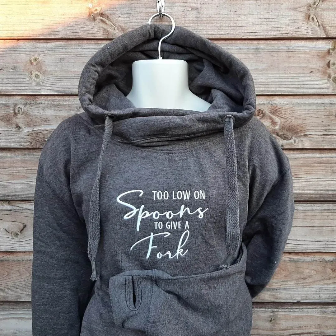 Crossover Neck Hoodie with Too Low On Spoons Design | The Personalisation Company | Unique & Affordable Personalised Gifts