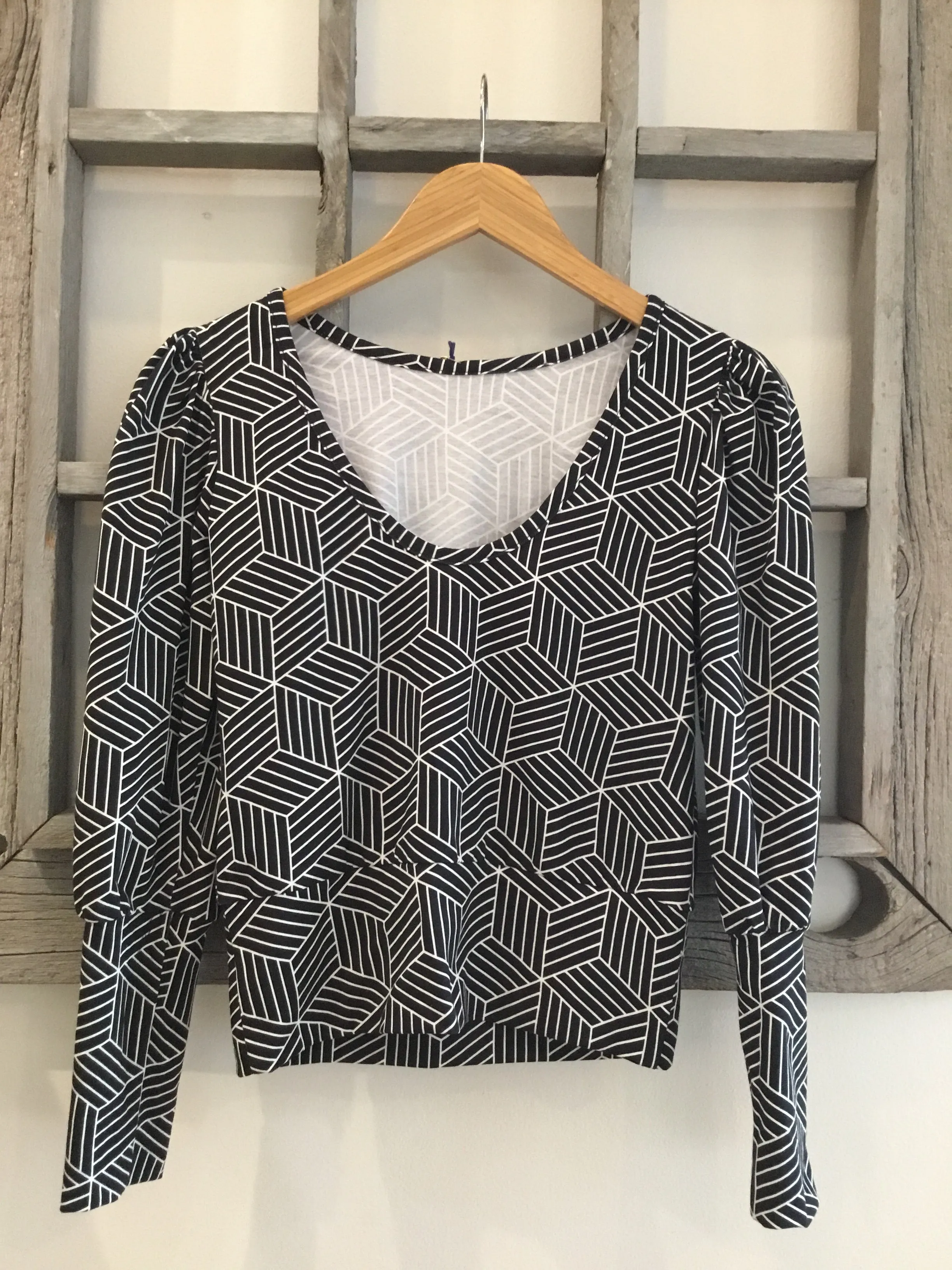 Debbie Top Black and White Linear Block Print