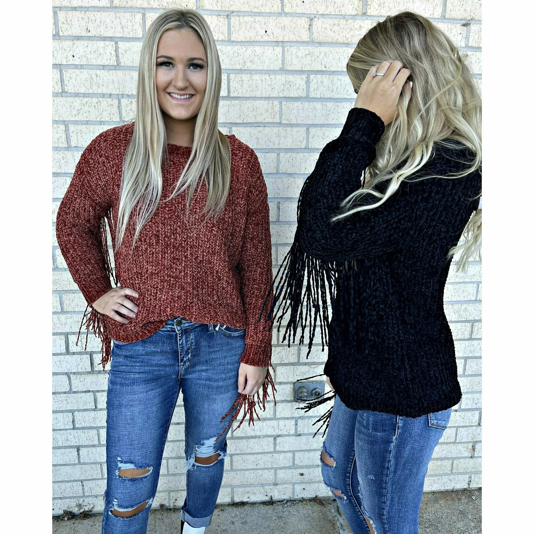 Deep Rust Chenille Sweater with Fringe Sleeve