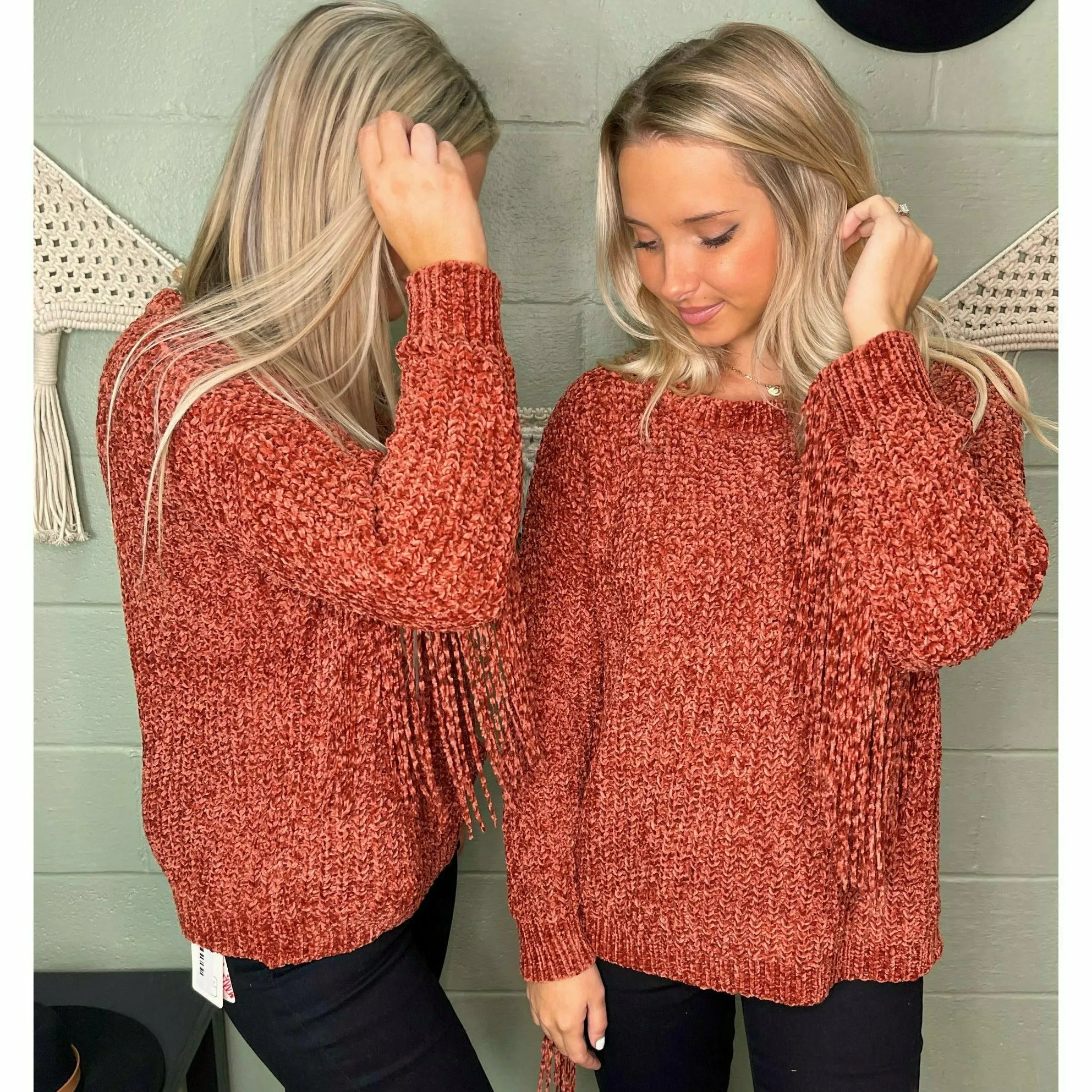 Deep Rust Chenille Sweater with Fringe Sleeve