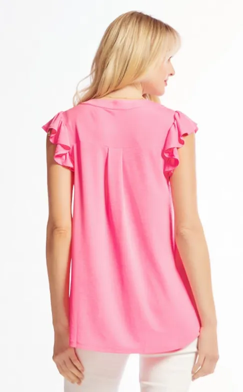 Figure It Out Ruffle Sleeve Top - Neon Pink