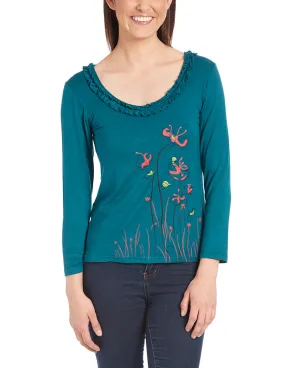 Floral Scoop Neck Teal Full Sleeve Cotton Top