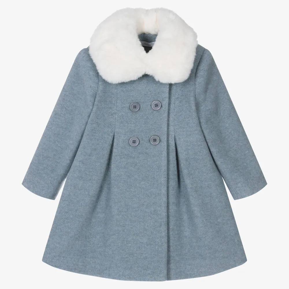 Girls Blue Wool Faux Fur Collar Coat