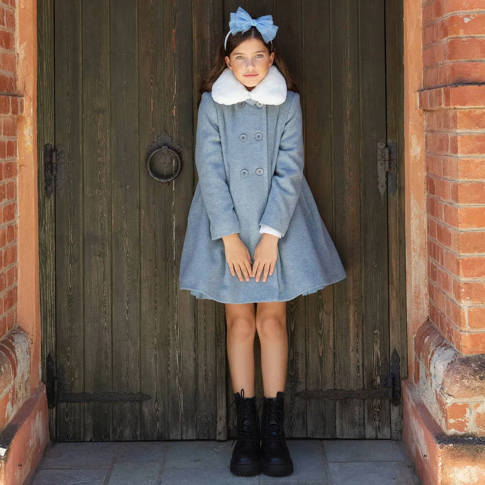 Girls Blue Wool Faux Fur Collar Coat