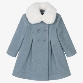 Girls Blue Wool Faux Fur Collar Coat