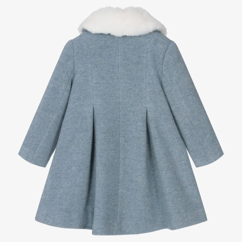 Girls Blue Wool Faux Fur Collar Coat