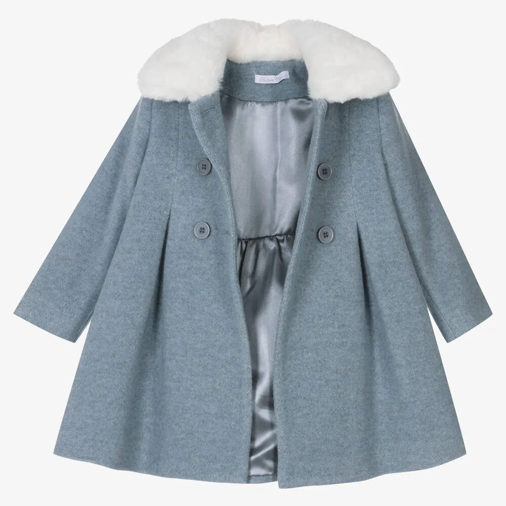 Girls Blue Wool Faux Fur Collar Coat