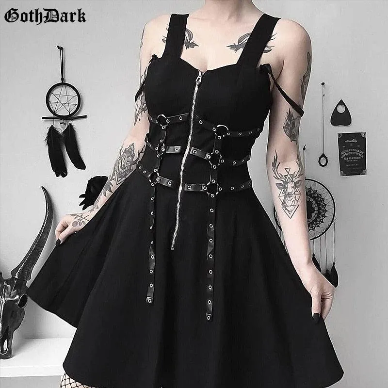 Goth Dark Women's Dress Eyelet Web Zipper Harajuku Mini Dress