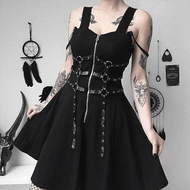 Goth Dark Women's Dress Eyelet Web Zipper Harajuku Mini Dress