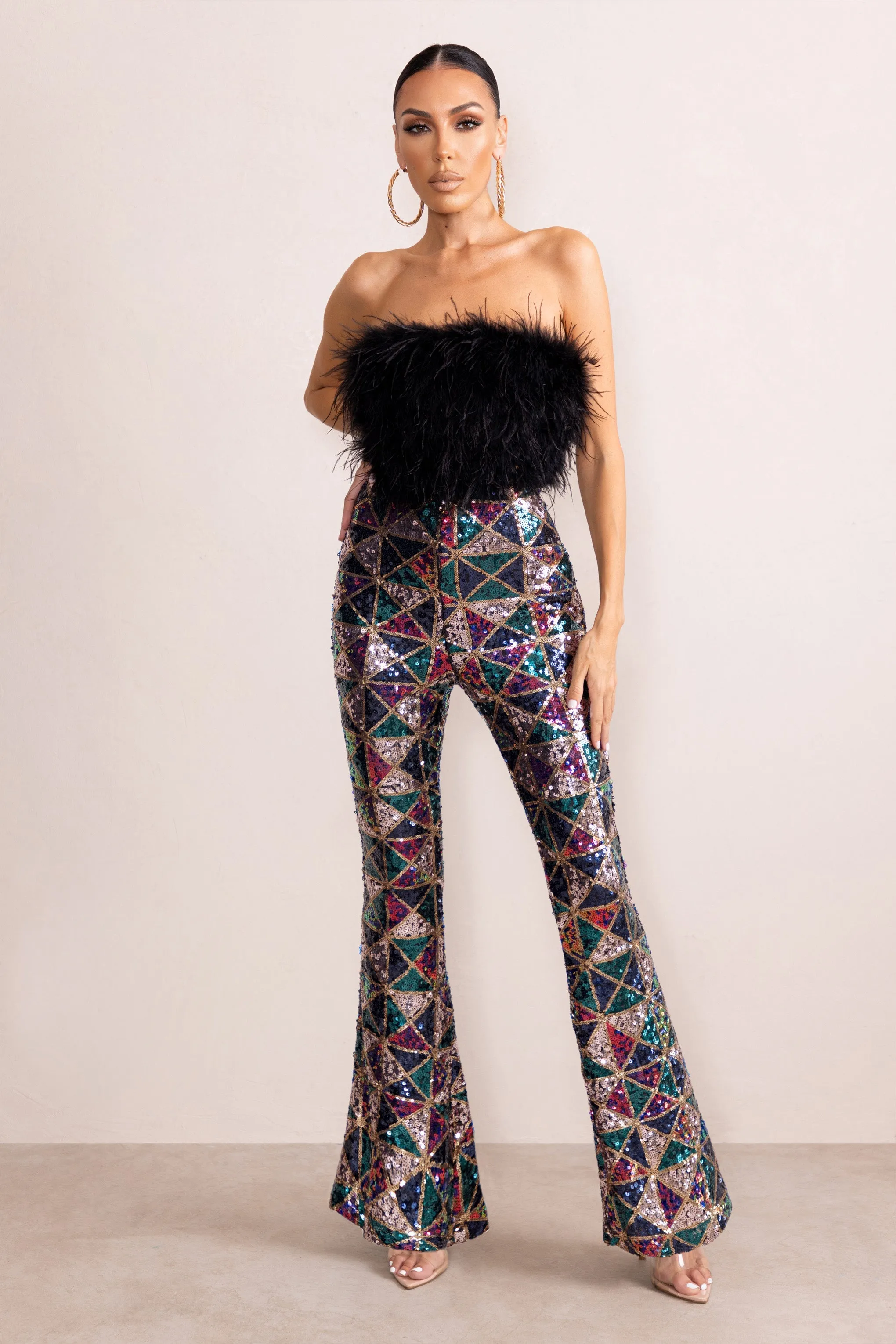 Heaven Sent | Black Aztec Sequin Fit And Flare Trousers