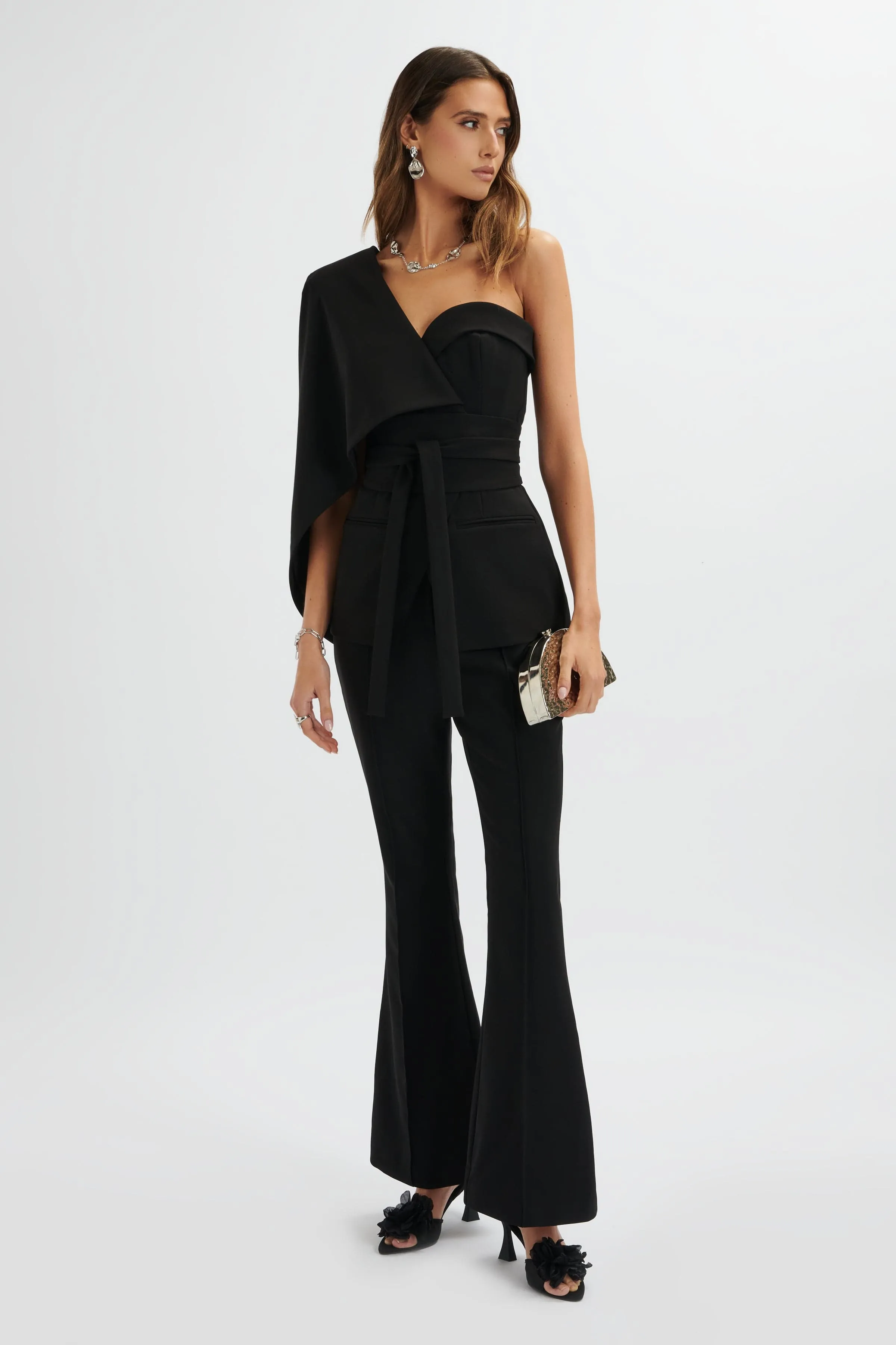 JUNO Obi Belted Asymmetric Cape Blazer In Black