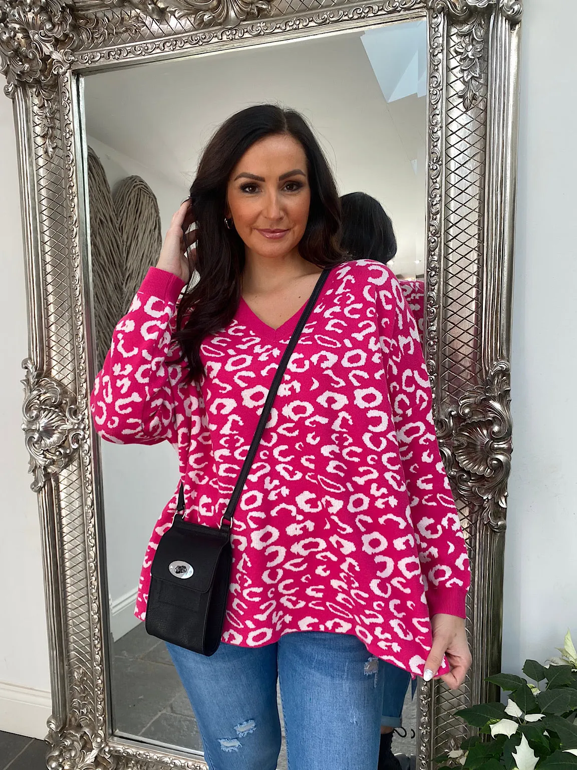 Leopard V Neck Jumper Rosa