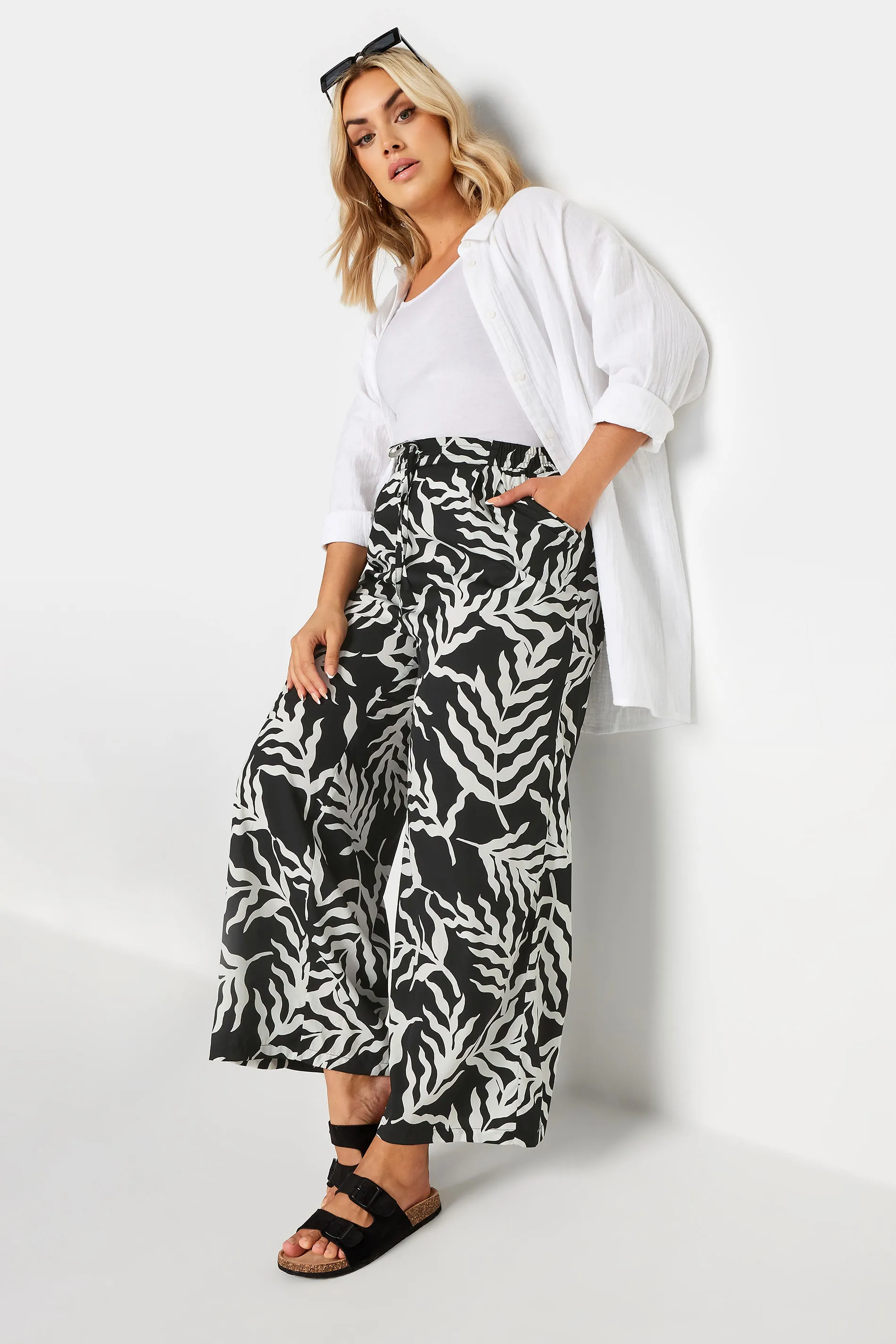 LIMITED COLLECTION Curve Black Leaf Print Drawstring Wide Leg Trousers