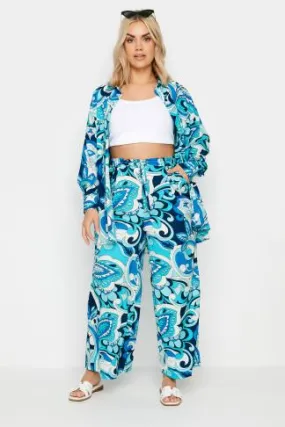 LIMITED COLLECTION Curve Blue Abstract Print Drawstring Wide Leg Trousers