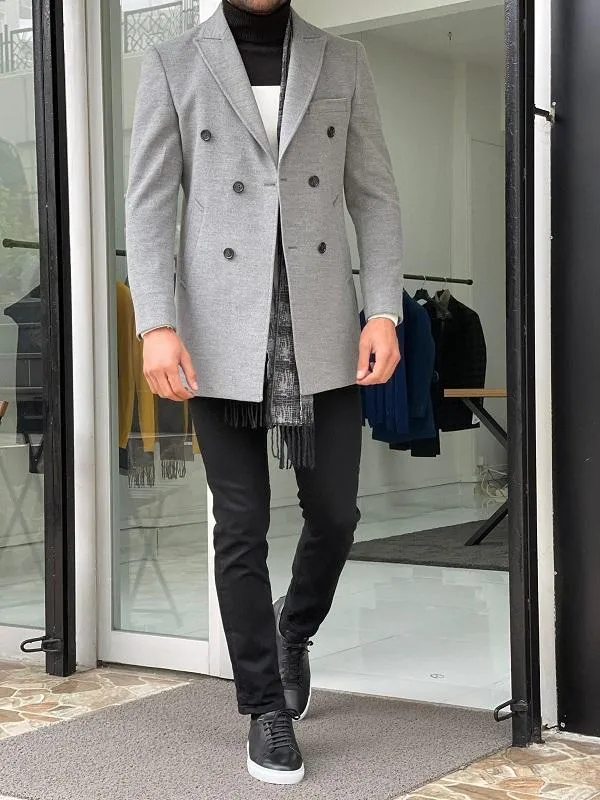 Mantonis Gray Slim Fit Double Breasted Wool Long Coat