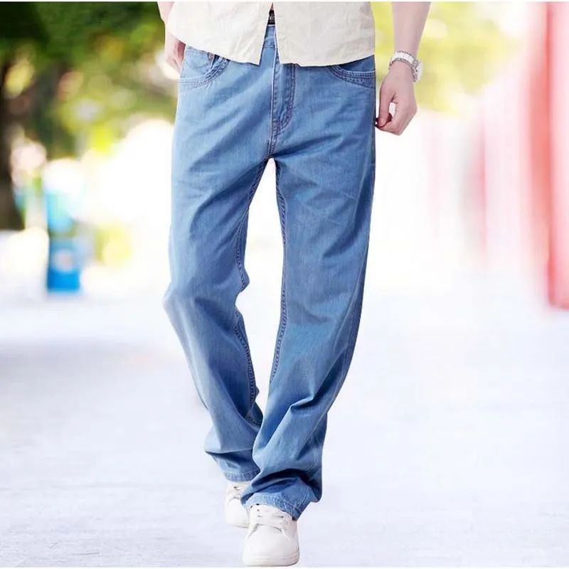 Men's Casual Cotton Loose Fit Zipper Fly Pure Denim Long Trousers