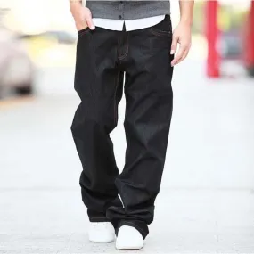 Men's Casual Cotton Loose Fit Zipper Fly Pure Denim Long Trousers