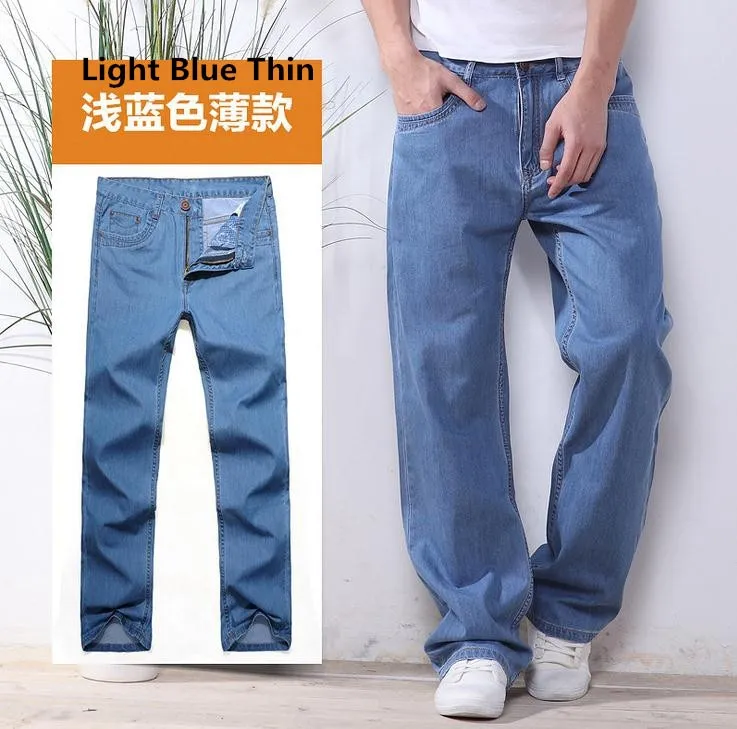 Men's Casual Cotton Loose Fit Zipper Fly Pure Denim Long Trousers