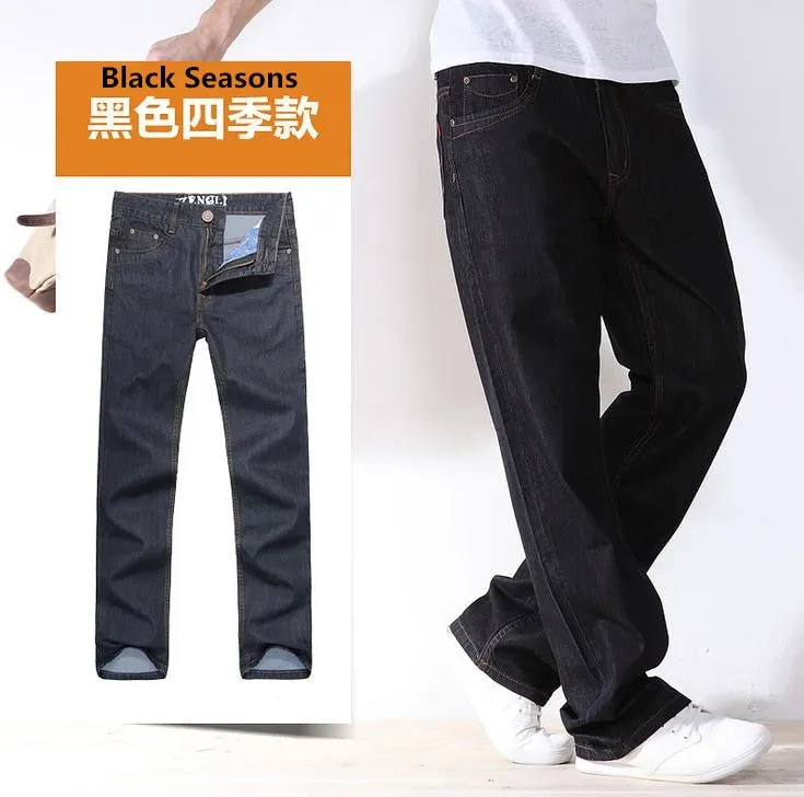 Men's Casual Cotton Loose Fit Zipper Fly Pure Denim Long Trousers