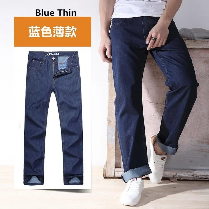 Men's Casual Cotton Loose Fit Zipper Fly Pure Denim Long Trousers