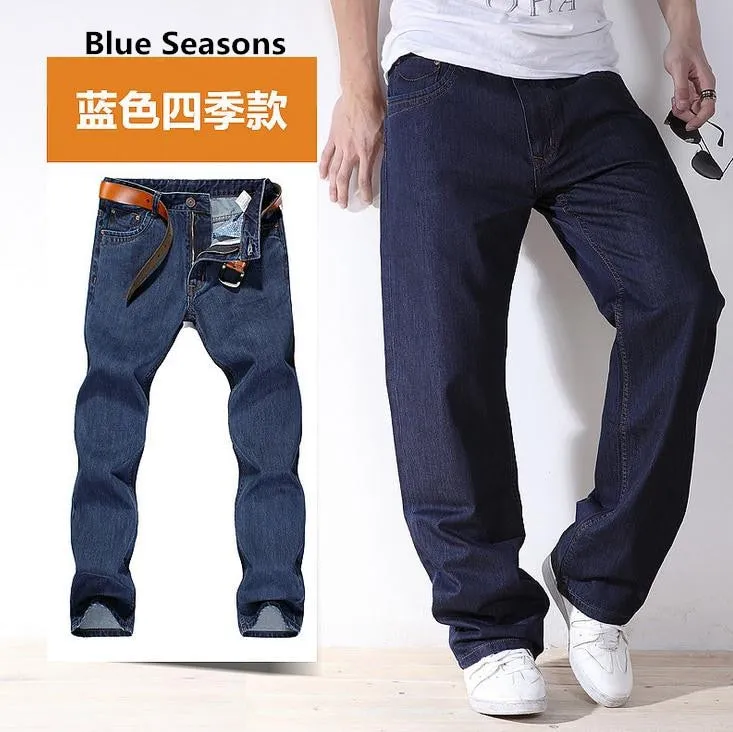 Men's Casual Cotton Loose Fit Zipper Fly Pure Denim Long Trousers