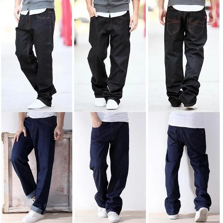 Men's Casual Cotton Loose Fit Zipper Fly Pure Denim Long Trousers