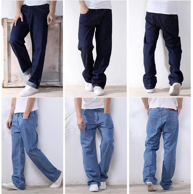 Men's Casual Cotton Loose Fit Zipper Fly Pure Denim Long Trousers