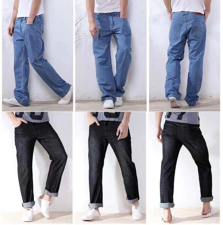 Men's Casual Cotton Loose Fit Zipper Fly Pure Denim Long Trousers