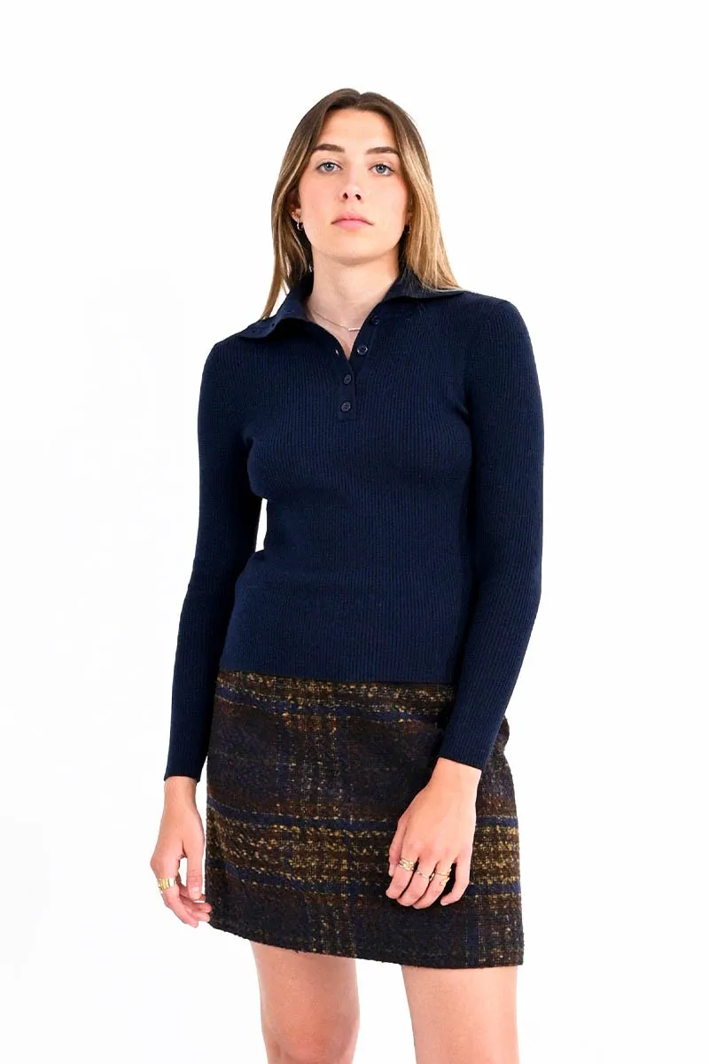 Navy Knit Polo Neck Sweater