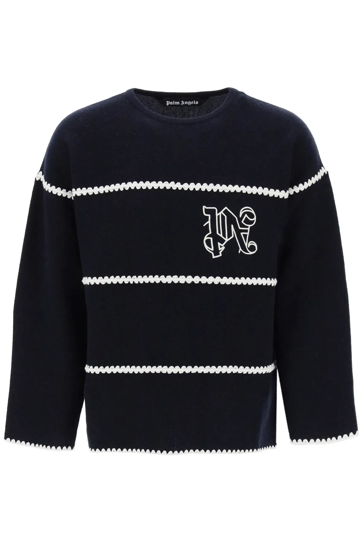 PALM ANGELS Navy Blue Wool-Blend Crew-Neck Sweater for Men