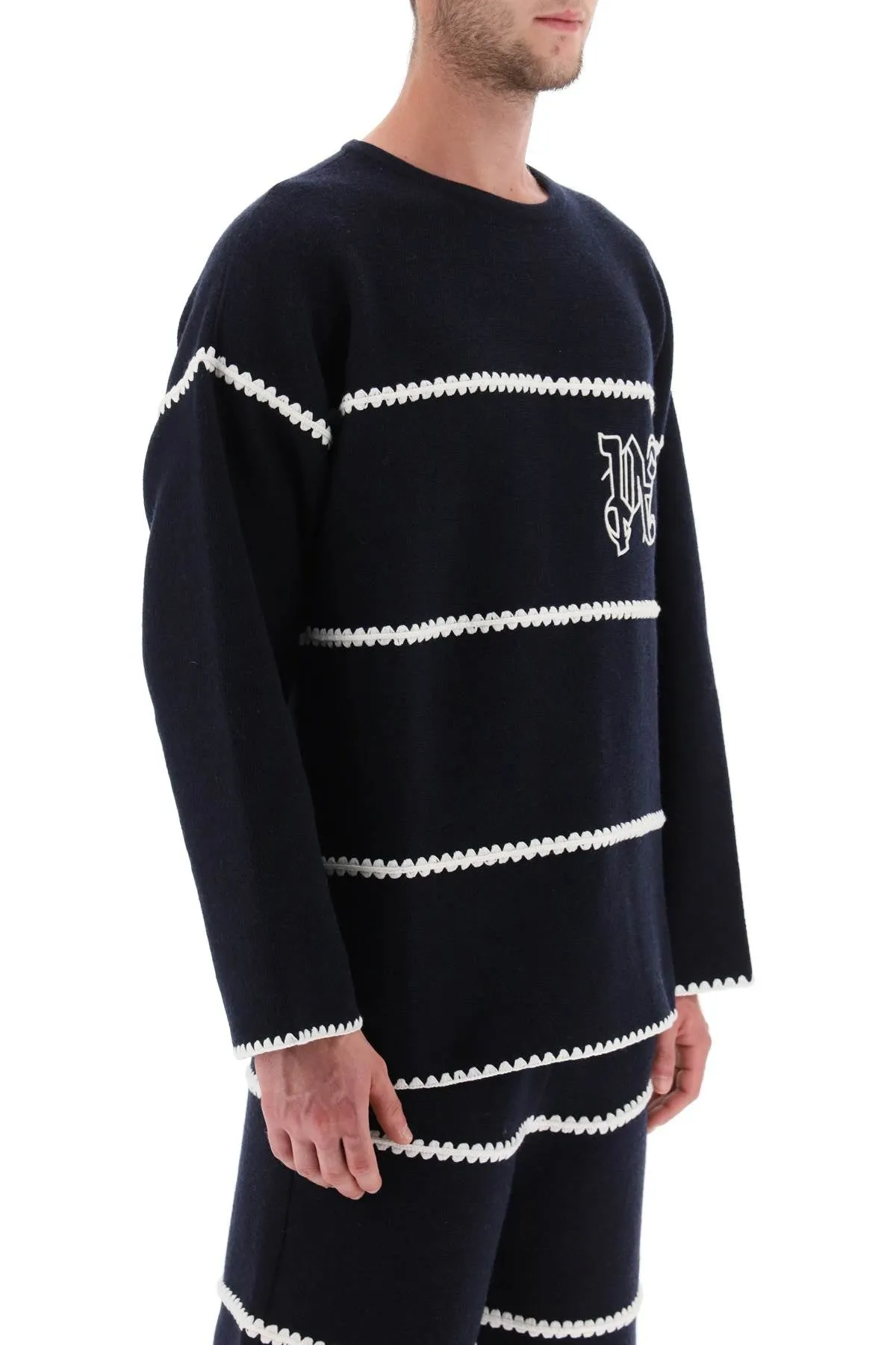 PALM ANGELS Navy Blue Wool-Blend Crew-Neck Sweater for Men