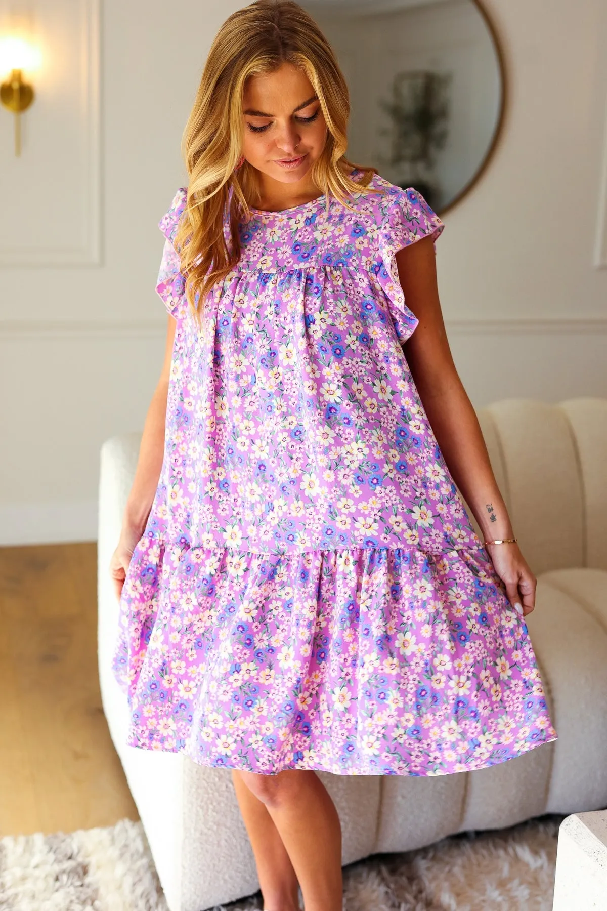 Spring Lilac Floral Tiered Ruffle Sleeve Woven Dress