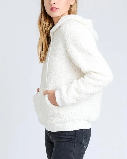 Super Soft Sherpa Front Pocket Hoodie Pullover - Ivory/White