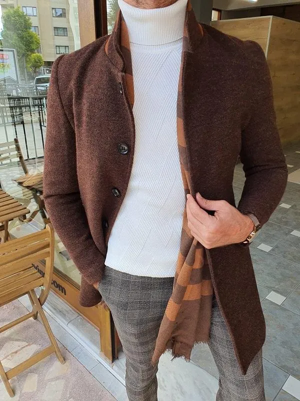 Verno Brown Slim Fit Wool Long Coat