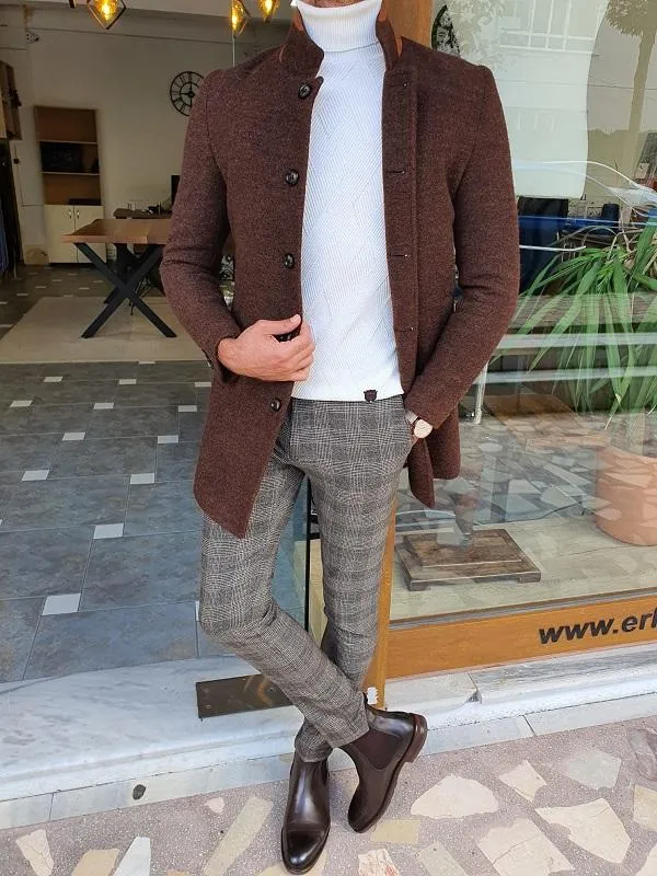 Verno Brown Slim Fit Wool Long Coat