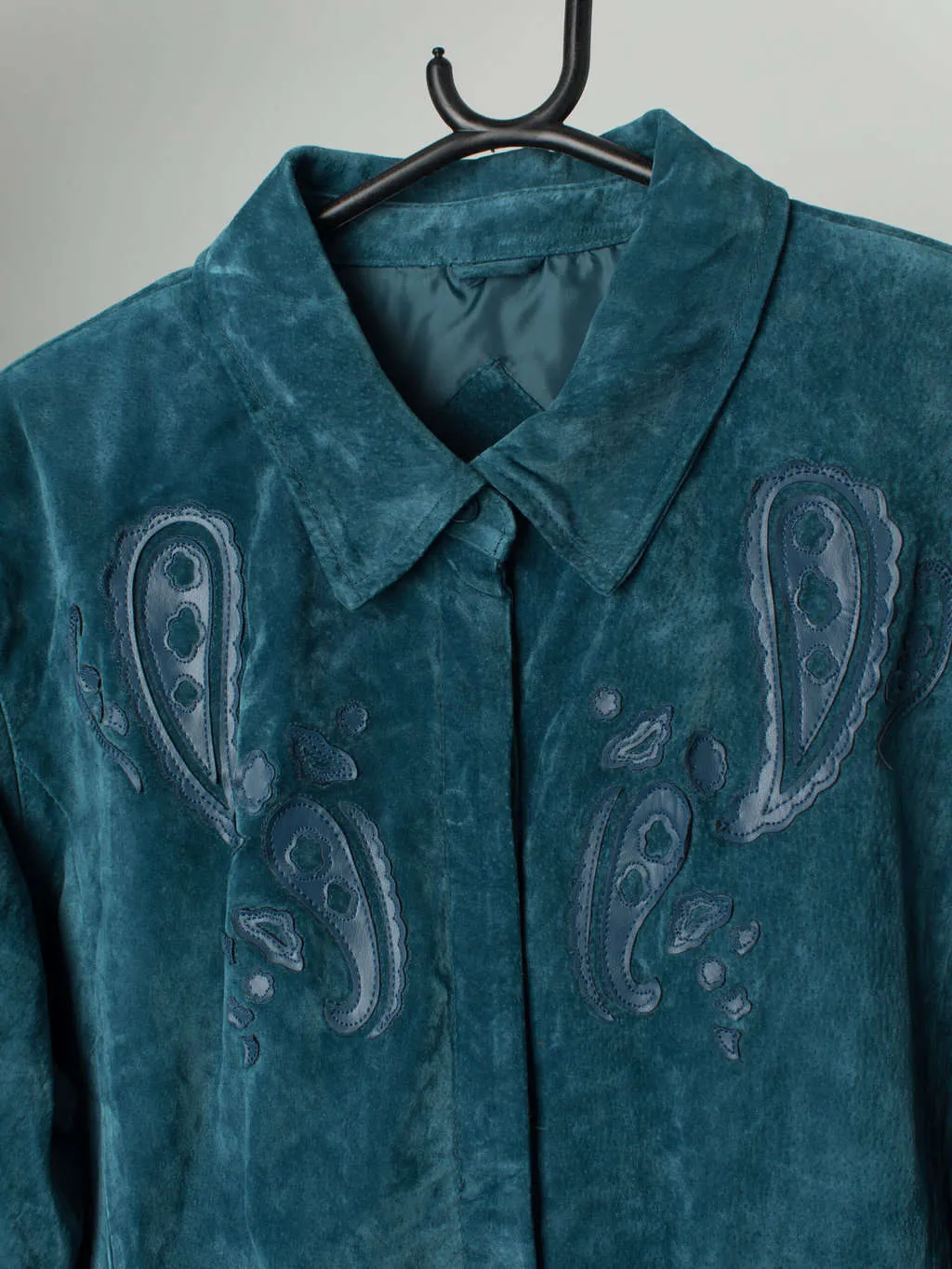 Vintage teal suede jacket with paisley pattern by Beth Terrell – Medium / Large