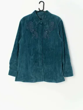 Vintage teal suede jacket with paisley pattern by Beth Terrell – Medium / Large