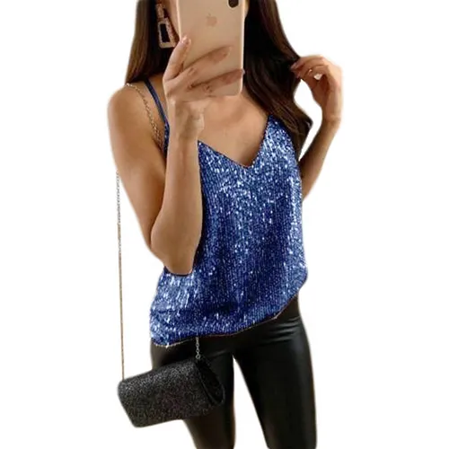 Women's Camisole Tank Tops Sequins Patchwork Casual Solid Color